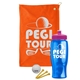 a orange towel & pink lid & transparent blue bottle the tourney - golf kit