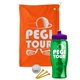a orange towel & violet lid & transparent green bottle the tourney - golf kit