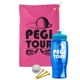 a pink towel & cyan lid & transparent blue bottle the tourney - golf kit