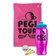 a pink towel & cyan lid & transparent hot pink bottle the tourney - golf kit