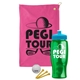 a pink towel & cyan lid & transparent green bottle the tourney - golf kit