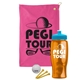a pink towel & cyan lid & transparent orange bottle the tourney - golf kit