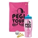 a pink towel & cyan lid & transparent pink bottle the tourney - golf kit