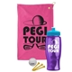 a pink towel & cyan lid & transparent violet bottle the tourney - golf kit