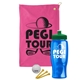 a pink towel & green lid & transparent blue bottle the tourney - golf kit