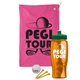 a pink towel & green lid & transparent orange bottle the tourney - golf kit