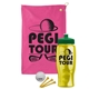 a pink towel & green lid & transparent yellow bottle the tourney - golf kit