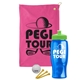 a pink towel & lime green lid & transparent blue bottle the tourney - golf kit