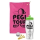 a pink towel & lime green lid & clear bottle the tourney - golf kit