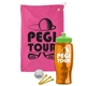 a pink towel & lime green lid & transparent orange bottle the tourney - golf kit