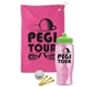 a pink towel & lime green lid & transparent pink bottle the tourney - golf kit