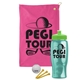 a pink towel & lime green lid & transparent teal bottle the tourney - golf kit