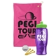 a pink towel & lime green lid & transparent violet bottle the tourney - golf kit