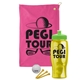 a pink towel & lime green lid & transparent yellow bottle the tourney - golf kit