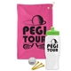 a pink towel & lime green lid & white bottle the tourney - golf kit