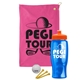 a pink towel & orange lid & transparent blue bottle the tourney - golf kit