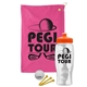 a pink towel & orange lid & clear bottle the tourney - golf kit