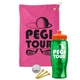 a pink towel & orange lid & transparent green bottle the tourney - golf kit