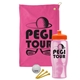 a pink towel & orange lid & transparent pink bottle the tourney - golf kit