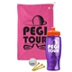 a pink towel & orange lid & transparent violet bottle the tourney - golf kit