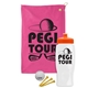 a pink towel & orange lid & white bottle the tourney - golf kit
