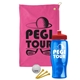 a pink towel & red lid & transparent blue bottle the tourney - golf kit