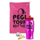 a pink towel & red lid & transparent hot pink bottle the tourney - golf kit