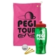 a pink towel & red lid & transparent green bottle the tourney - golf kit