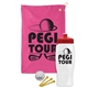 a pink towel & red lid & white bottle the tourney - golf kit