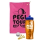 a pink towel & royal blue lid & transparent orange bottle the tourney - golf kit