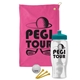 a pink towel & teal lid & clear bottle the tourney - golf kit