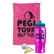 a pink towel & teal lid & transparent hot pink bottle the tourney - golf kit