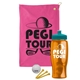 a pink towel & teal lid & transparent orange bottle the tourney - golf kit