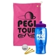 a pink towel & violet lid & transparent blue bottle the tourney - golf kit