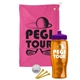 a pink towel & violet lid & transparent orange bottle the tourney - golf kit