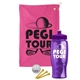 a pink towel & violet lid & transparent violet bottle the tourney - golf kit