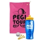 a pink towel & yellow lid & transparent blue bottle the tourney - golf kit