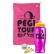 a pink towel & yellow lid & transparent hot pink bottle the tourney - golf kit