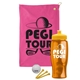 a pink towel & yellow lid & transparent orange bottle the tourney - golf kit