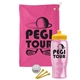a pink towel & yellow lid & transparent pink bottle the tourney - golf kit