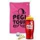 a pink towel & yellow lid & transparent red bottle the tourney - golf kit