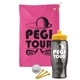 a pink towel & yellow lid & transparent smoke bottle the tourney - golf kit