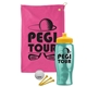 a pink towel & yellow lid & transparent teal bottle the tourney - golf kit