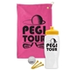 a pink towel & yellow lid & white bottle the tourney - golf kit