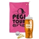 a pink towel & white lid & transparent orange bottle the tourney - golf kit