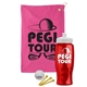a pink towel & white lid & transparent red bottle the tourney - golf kit