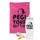 a pink towel & white lid & white bottle the tourney - golf kit
