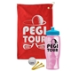 a red towel & cyan lid & transparent pink bottle the tourney - golf kit