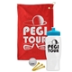 a red towel & cyan lid & white bottle the tourney - golf kit