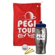 a red towel & navy blue lid & transparent smoke bottle the tourney - golf kit